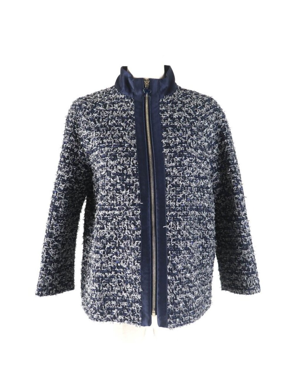 Moncler Gamme Rouge Dalila Logo Sequin Decoration Ribbon Tweed Jacket Navy